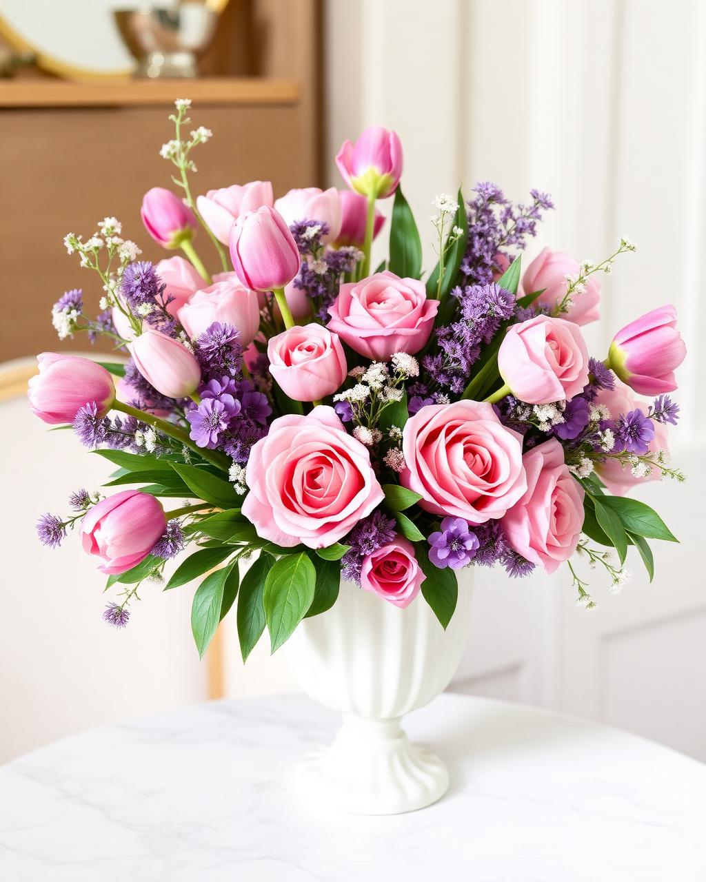 Tulip & Lilac Footed Vase, Mother's Day floral arrangement by Zuri Blooms