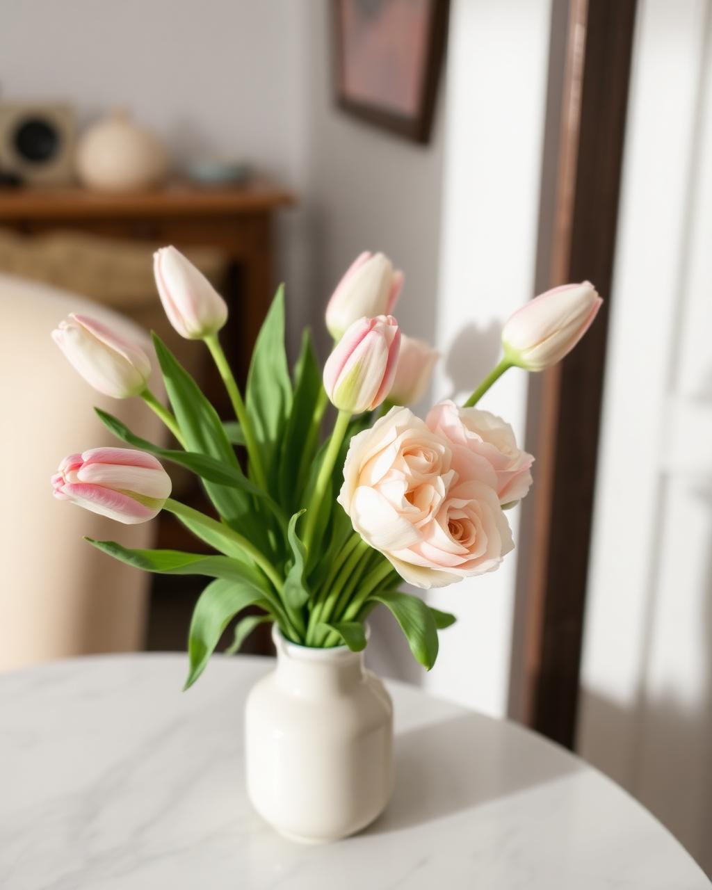 Petite Tulip & Rose Ceramic, everyday floral arrangement by Zuri Blooms